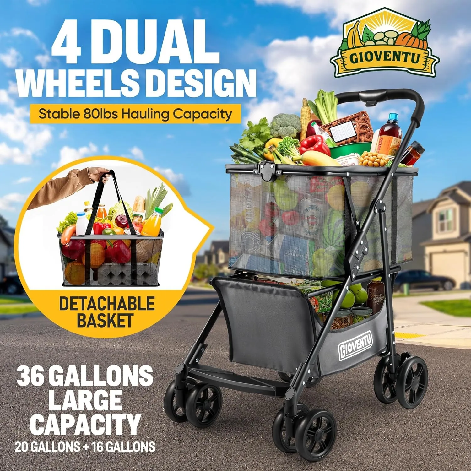 𝟐𝟎𝟐𝟓 𝐔𝐩𝐠𝐫𝐚𝐝𝐞𝐝 Folding Shopping Cart with Wheels, 80lbs Multi Use Grocery Carts with 360° Wheels & Removable Tote Bag, Multifunctional Portable Personal Shopping Carts for Groceries，Black