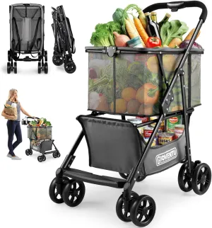 𝟐𝟎𝟐𝟓 𝐔𝐩𝐠𝐫𝐚𝐝𝐞𝐝 Folding Shopping Cart with Wheels, 80lbs Multi Use Grocery Carts with 360° Wheels & Removable Tote Bag, Multifunctional Portable Personal Shopping Carts for Groceries，Black