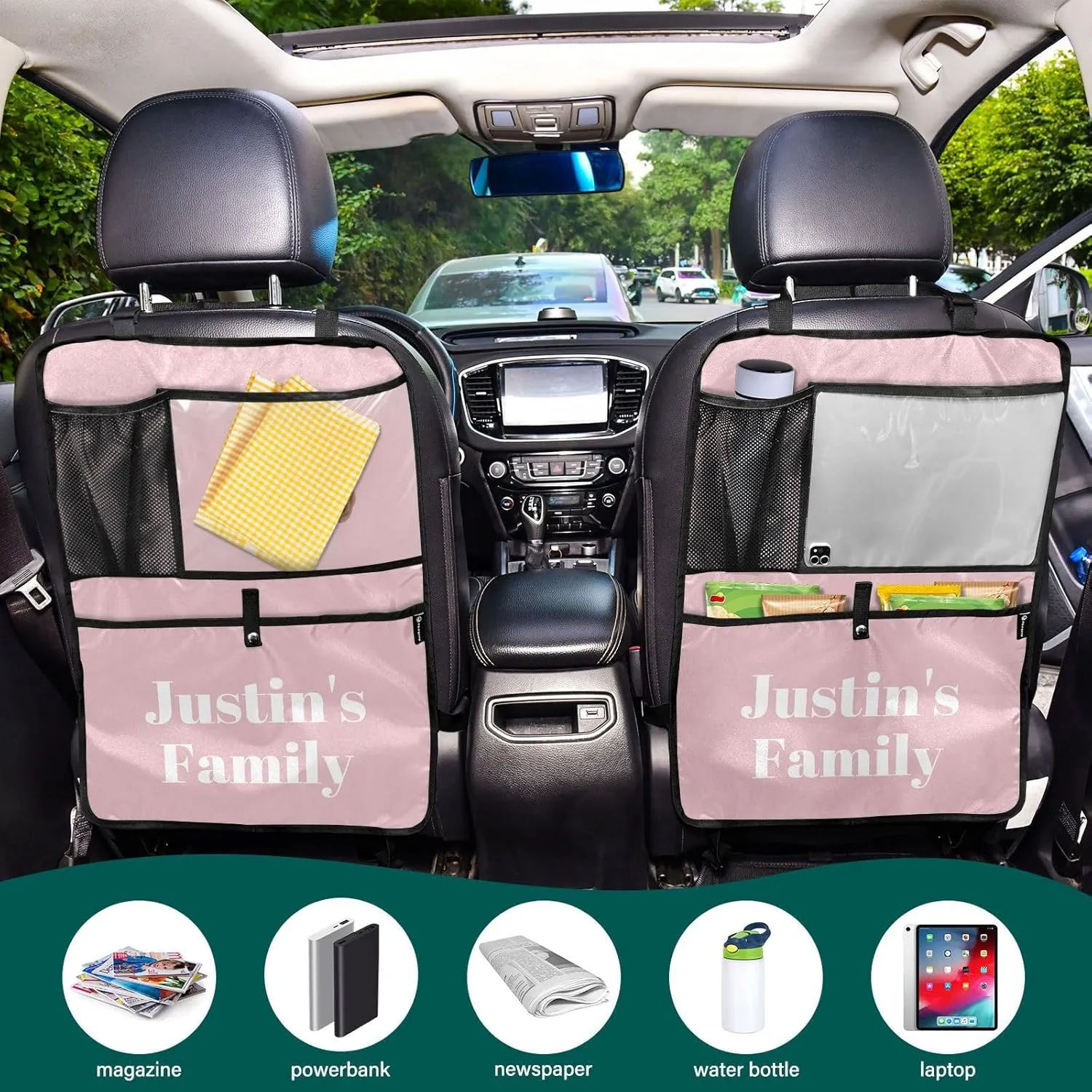 1 Pink Custom Car Seat Protector Kick Mats Back Seat Covers 1 PCS Car Storage Organizer Backseat Car Organizer for Suv Cars Truck Men Women Car Accessories with PVC Pocket