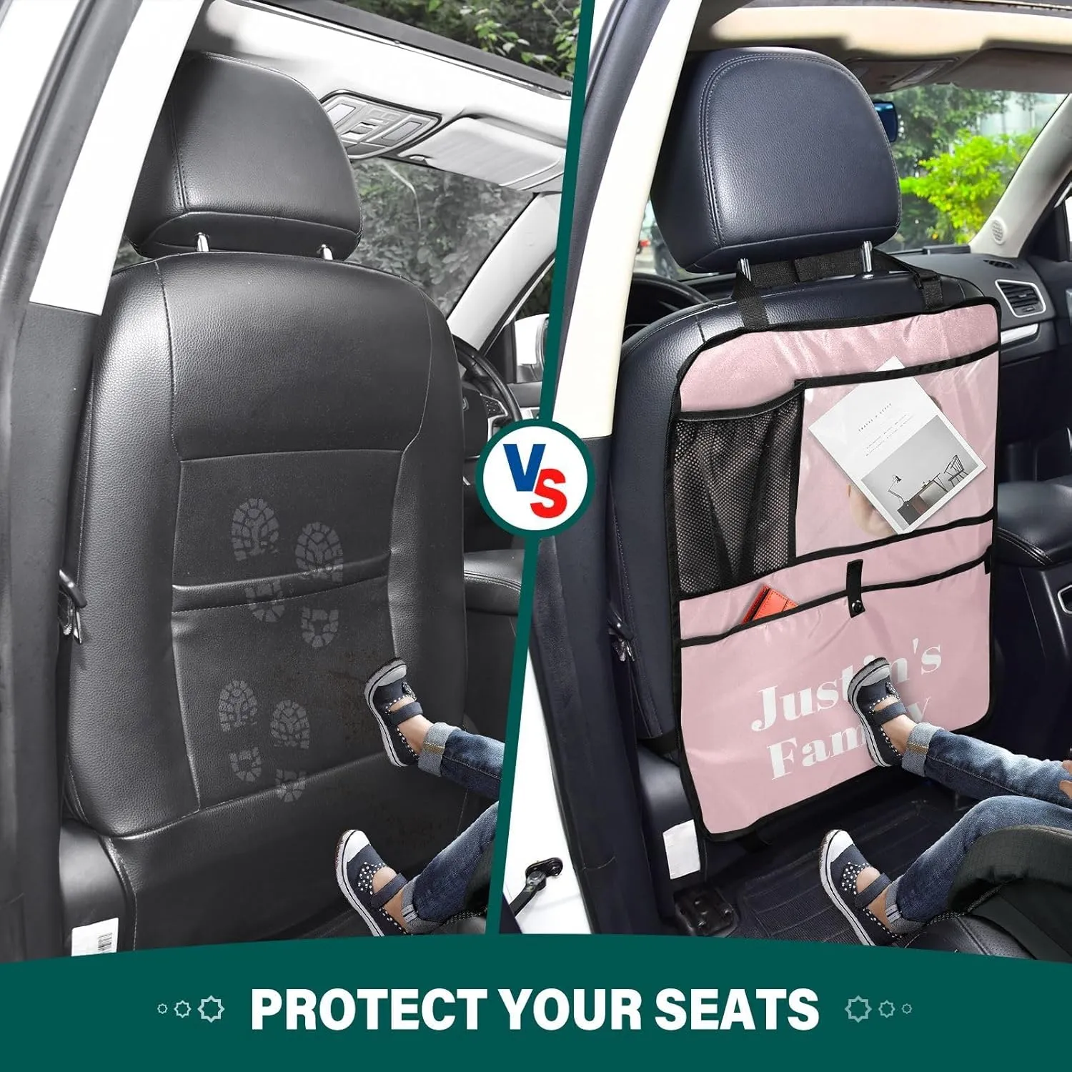 1 Pink Custom Car Seat Protector Kick Mats Back Seat Covers 1 PCS Car Storage Organizer Backseat Car Organizer for Suv Cars Truck Men Women Car Accessories with PVC Pocket