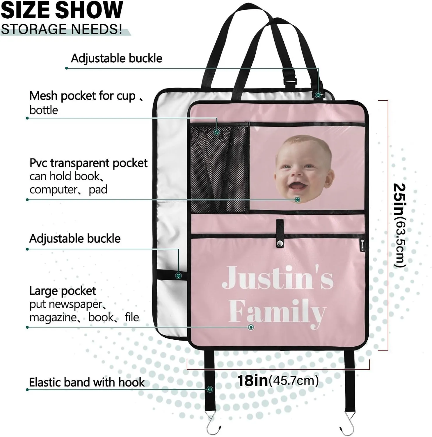 1 Pink Custom Car Seat Protector Kick Mats Back Seat Covers 1 PCS Car Storage Organizer Backseat Car Organizer for Suv Cars Truck Men Women Car Accessories with PVC Pocket