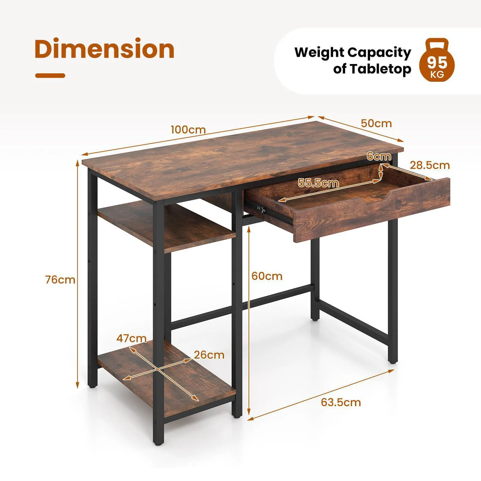 100cm Computer Desk Industrial Workstation Study Writing Desk Home Office