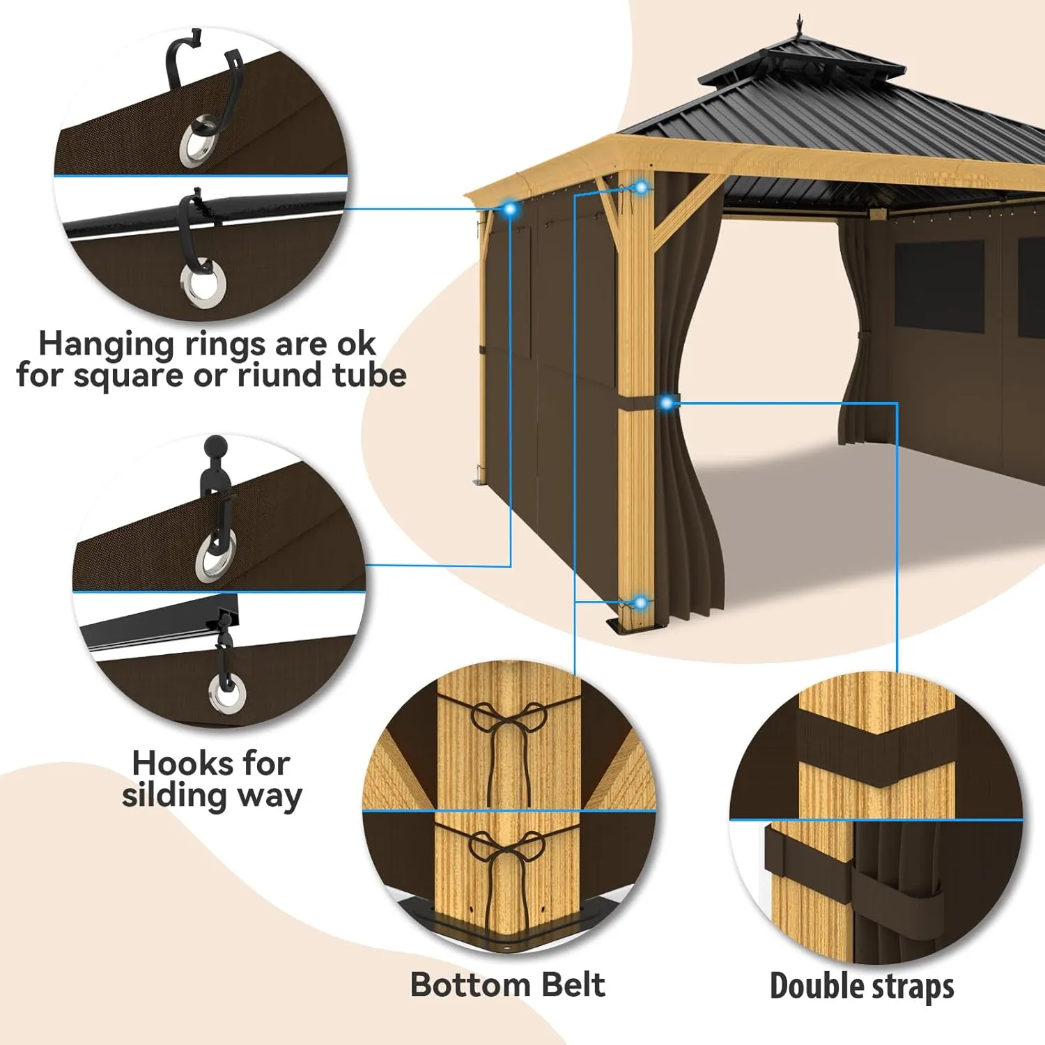 10ft x 12ft Gazebo Curtains,Privacy Replacement Sidewall with Roll-up Mosquito Net Windows, 4-Panel Universal Shade Curtains Set,Protecting Side Walls (Only Curtain)-Brown