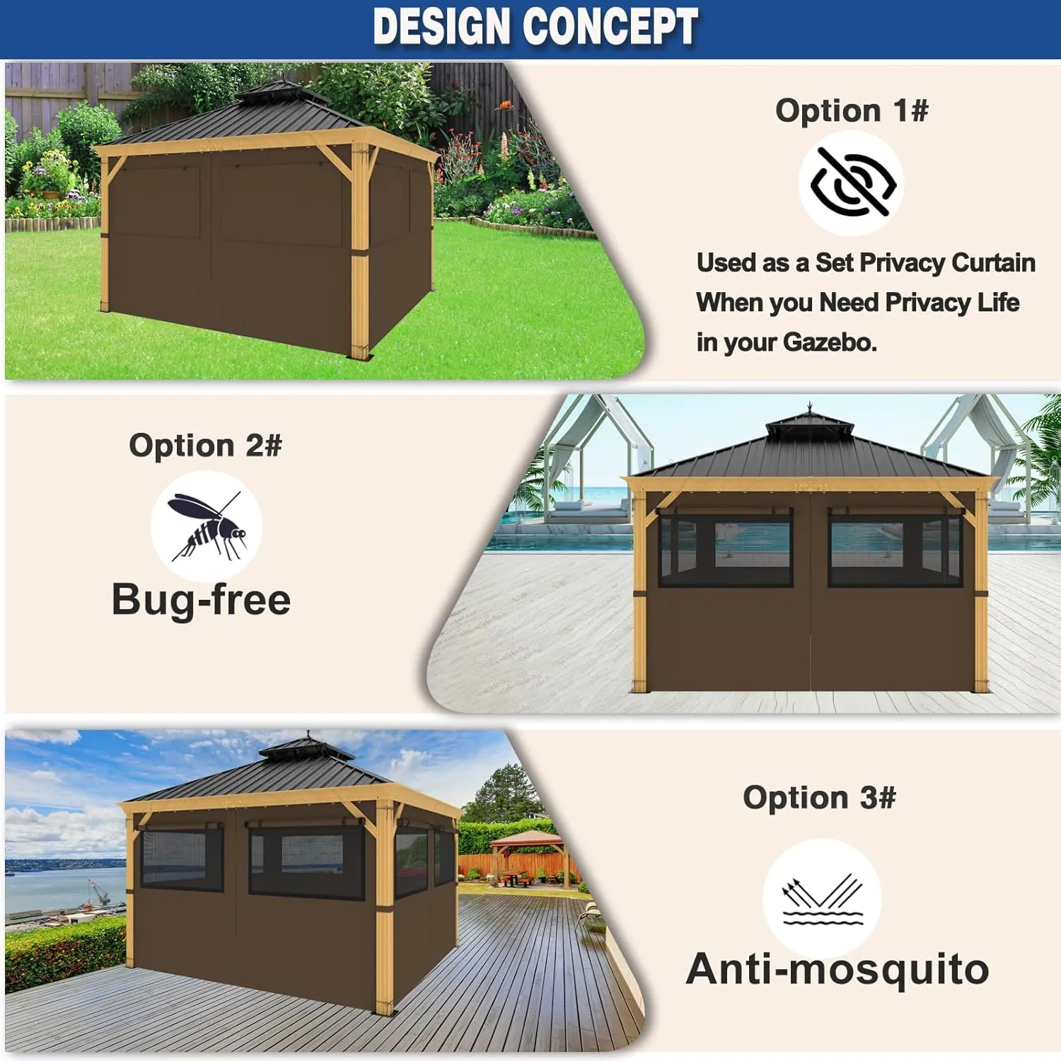 10ft x 12ft Gazebo Curtains,Privacy Replacement Sidewall with Roll-up Mosquito Net Windows, 4-Panel Universal Shade Curtains Set,Protecting Side Walls (Only Curtain)-Brown