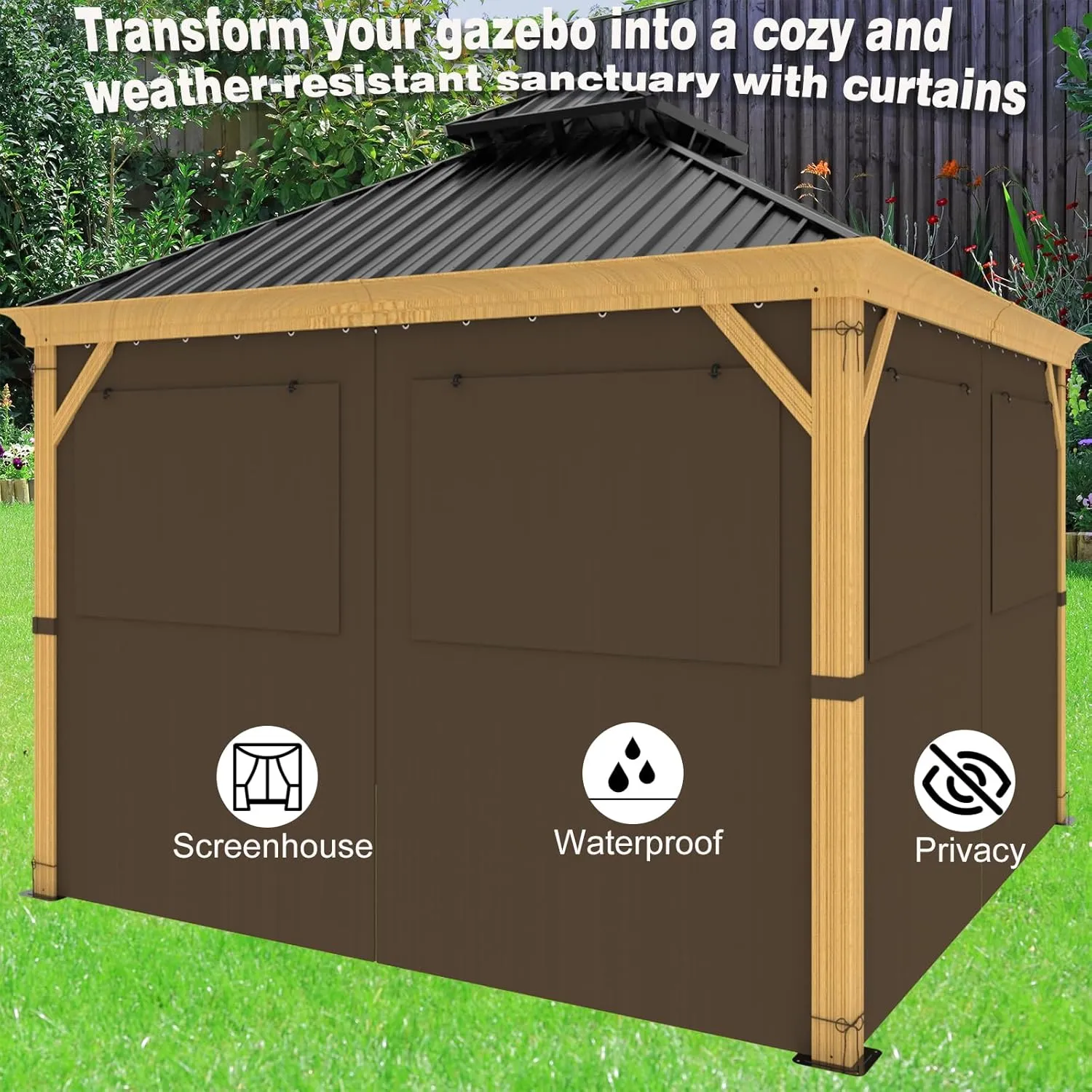 10ft x 12ft Gazebo Curtains,Privacy Replacement Sidewall with Roll-up Mosquito Net Windows, 4-Panel Universal Shade Curtains Set,Protecting Side Walls (Only Curtain)-Brown