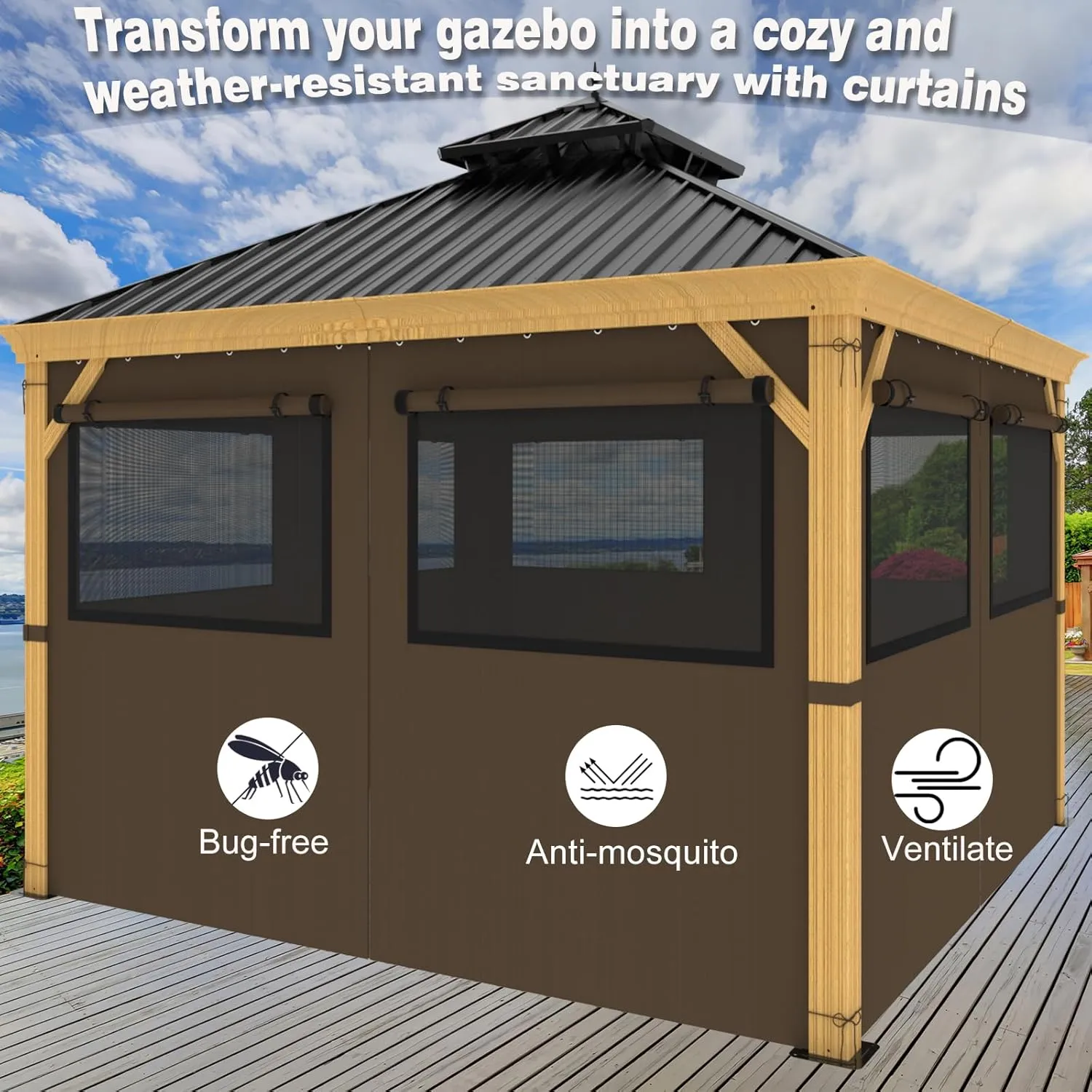 10ft x 12ft Gazebo Curtains,Privacy Replacement Sidewall with Roll-up Mosquito Net Windows, 4-Panel Universal Shade Curtains Set,Protecting Side Walls (Only Curtain)-Brown