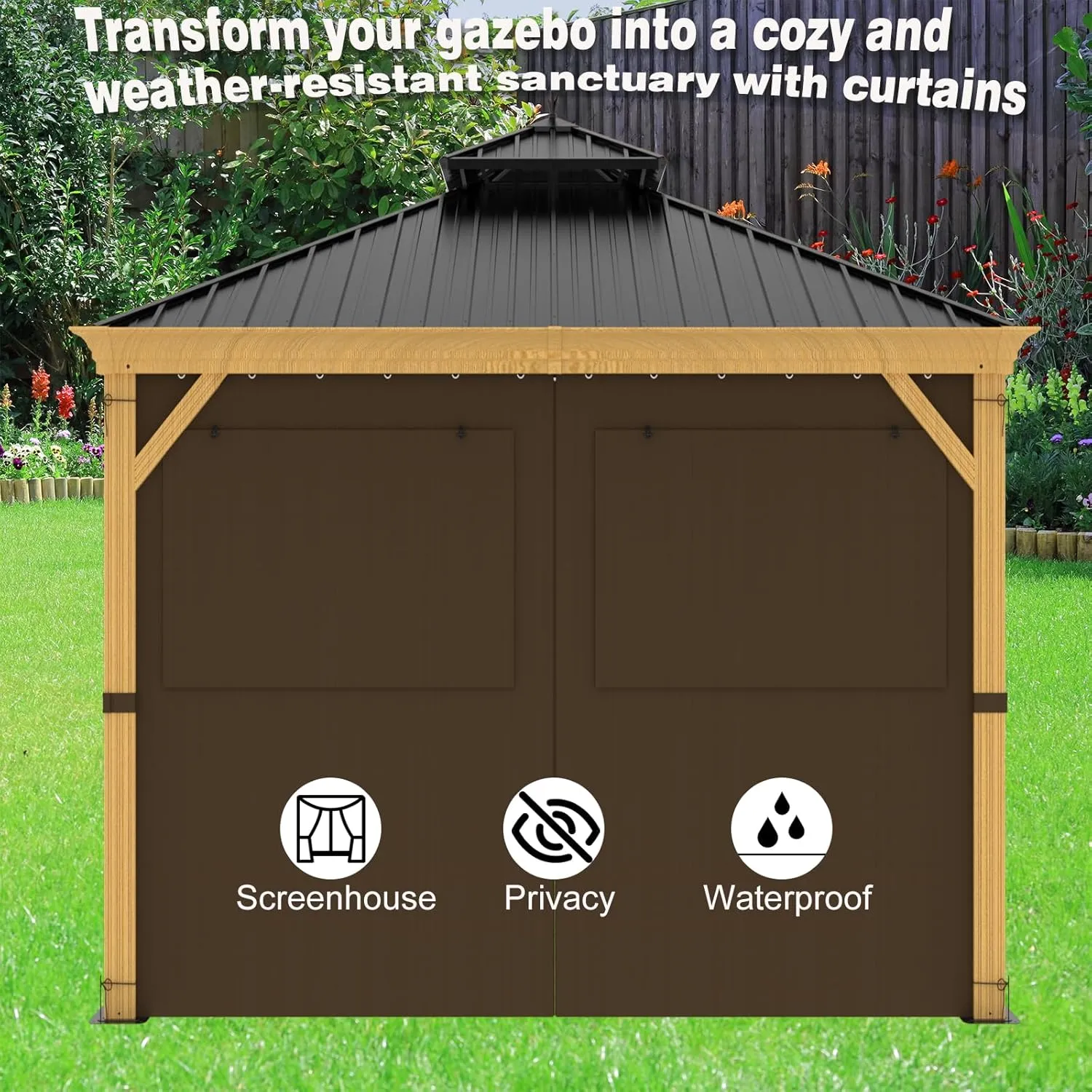 10ft x 12ft Gazebo Curtains,Privacy Replacement Sidewall with Roll-up Mosquito Net Windows, 4-Panel Universal Shade Curtains Set,Protecting Side Walls (Only Curtain)-Brown