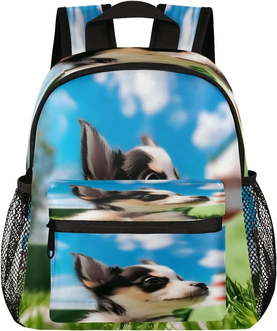 12 Inch Cute Mini Book Bag Small Backpack Multi Compartment Backpack With Chest Strap Puppy Waterproof Casual Daypack Travel Bag, Grassland Dog