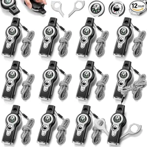 12 Pack Emergency Safety Whistle 7 in 1 Loud Survival Whistle with Lanyard Multifunctional Tool with Compass Thermometer Reflecting Mirror Magnifiers LED Lights for Outdoor Hiking