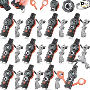 12 Pack Emergency Safety Whistle 7 in 1 Loud Survival Whistle with Lanyard Multifunctional Tool with Compass Thermometer Reflecting Mirror Magnifiers LED Lights for Outdoor Hiking