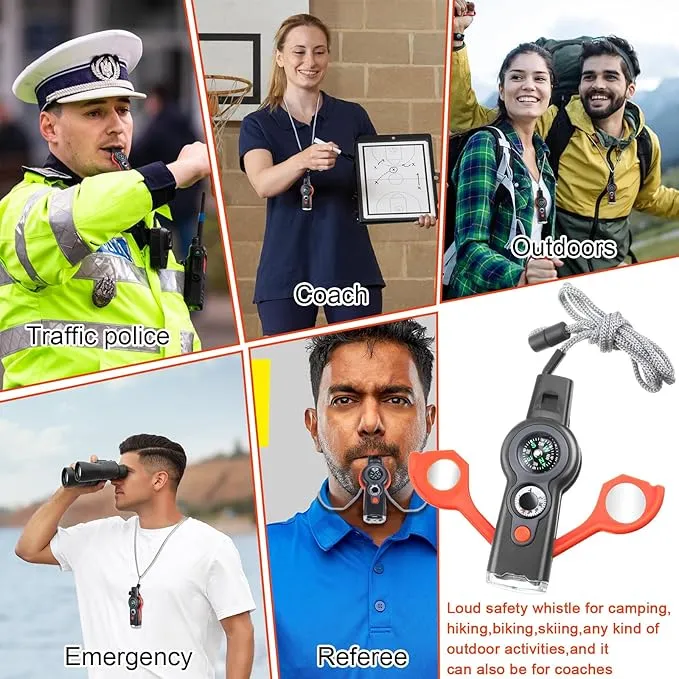 12 Pack Emergency Safety Whistle 7 in 1 Loud Survival Whistle with Lanyard Multifunctional Tool with Compass Thermometer Reflecting Mirror Magnifiers LED Lights for Outdoor Hiking
