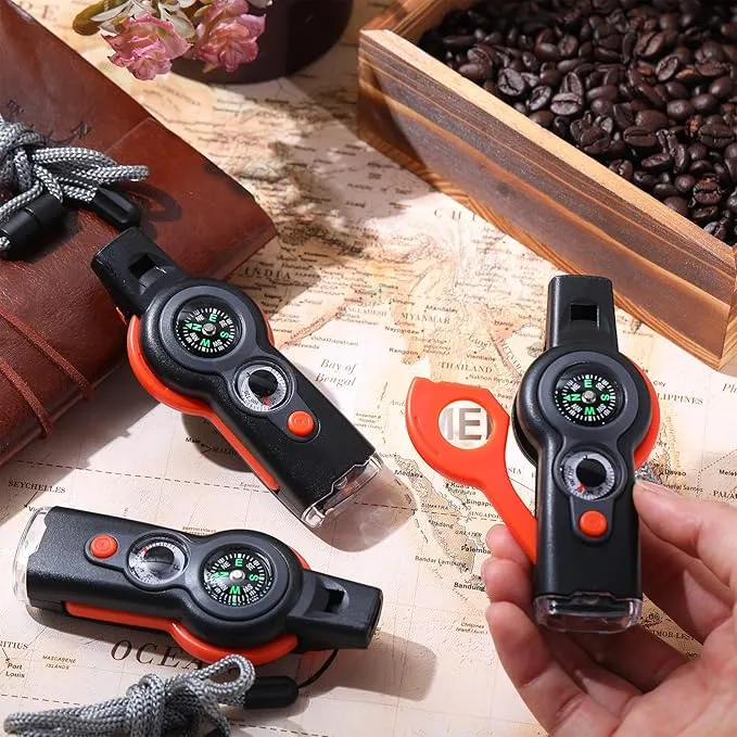 12 Pack Emergency Safety Whistle 7 in 1 Loud Survival Whistle with Lanyard Multifunctional Tool with Compass Thermometer Reflecting Mirror Magnifiers LED Lights for Outdoor Hiking