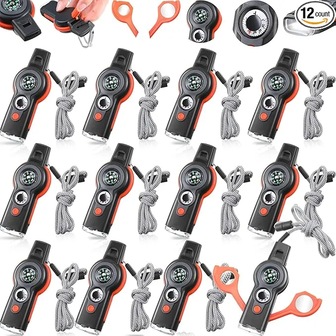 12 Pack Emergency Safety Whistle 7 in 1 Loud Survival Whistle with Lanyard Multifunctional Tool with Compass Thermometer Reflecting Mirror Magnifiers LED Lights for Outdoor Hiking