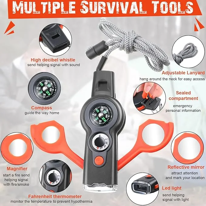 12 Pack Emergency Safety Whistle 7 in 1 Loud Survival Whistle with Lanyard Multifunctional Tool with Compass Thermometer Reflecting Mirror Magnifiers LED Lights for Outdoor Hiking