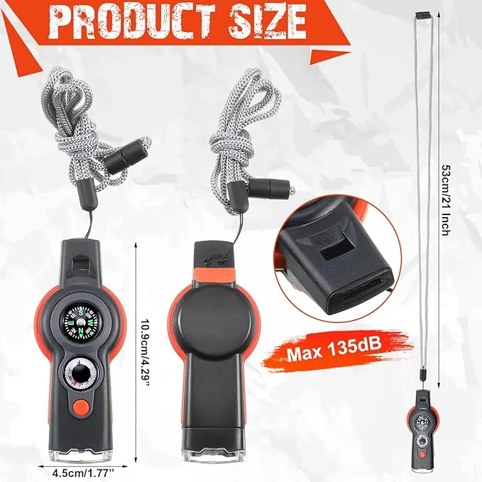 12 Pack Emergency Safety Whistle 7 in 1 Loud Survival Whistle with Lanyard Multifunctional Tool with Compass Thermometer Reflecting Mirror Magnifiers LED Lights for Outdoor Hiking