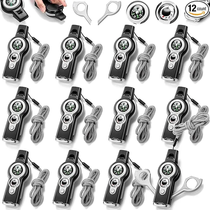12 Pack Emergency Safety Whistle 7 in 1 Loud Survival Whistle with Lanyard Multifunctional Tool with Compass Thermometer Reflecting Mirror Magnifiers LED Lights for Outdoor Hiking