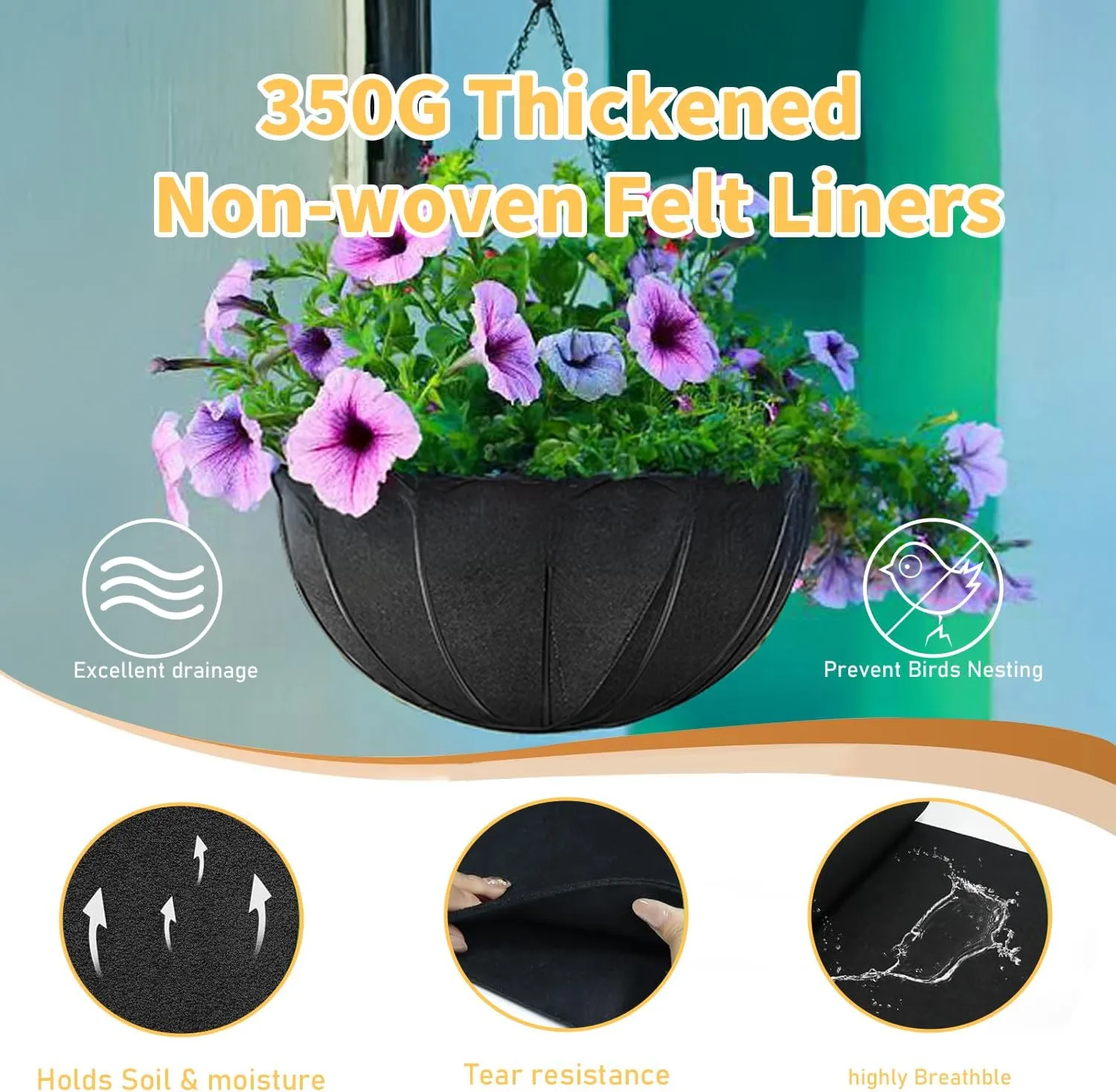 12x122 Inch Black Felt Planter Liner Roll, Non-Woven Hanging Basket Liner Coco Coir Liner Alternative Breathable Outdoor Planter Liner Window Box Liners for Metal Basket Flower Pot Raised Garden Bed