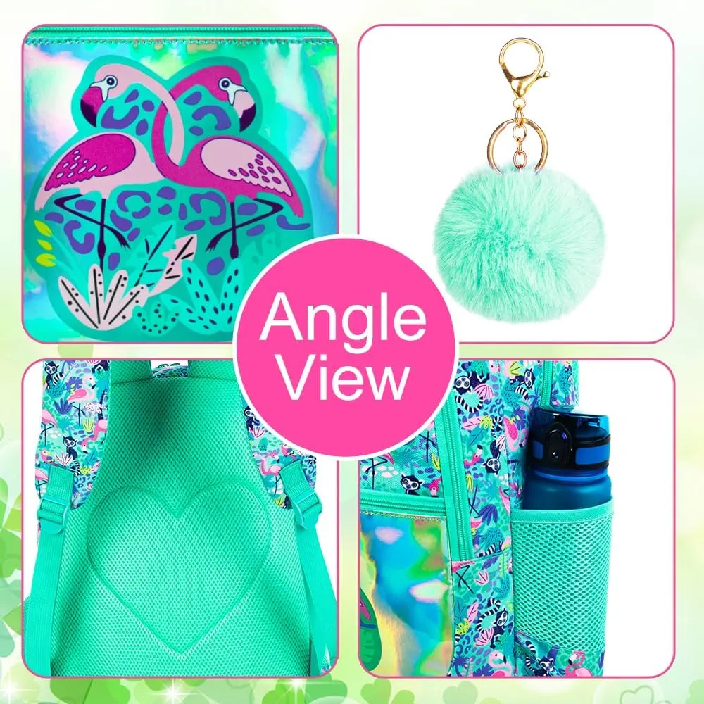 16.5" Flamingo Backpack, 3Pcs Girls Backpacks Set for Elementary Preschool Kindergarten, Kids School Bookbag with Lunch Box(Green)