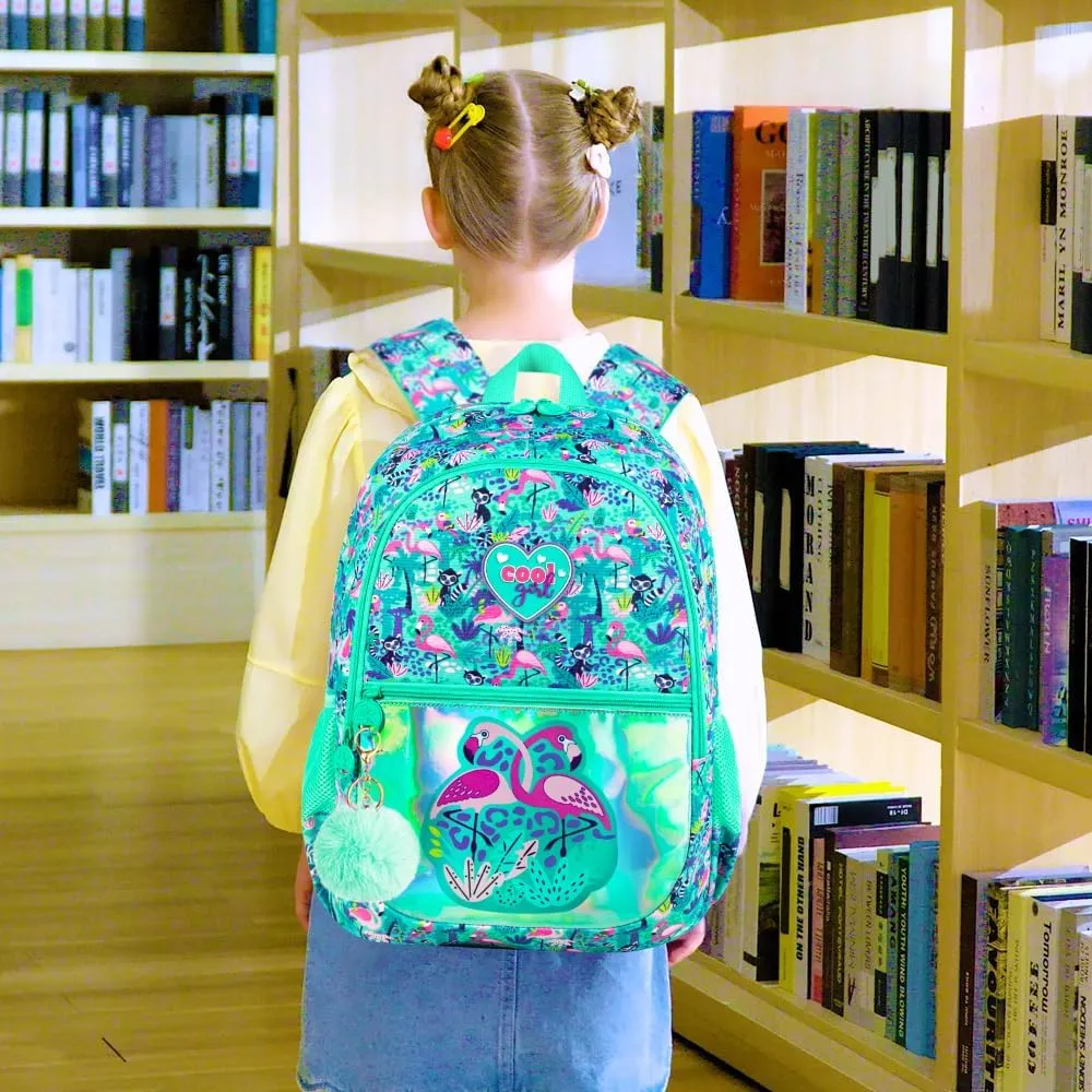 16.5" Flamingo Backpack, 3Pcs Girls Backpacks Set for Elementary Preschool Kindergarten, Kids School Bookbag with Lunch Box(Green)