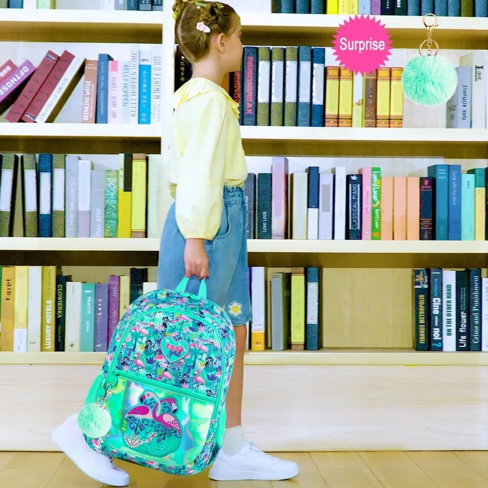 16.5" Flamingo Backpack, 3Pcs Girls Backpacks Set for Elementary Preschool Kindergarten, Kids School Bookbag with Lunch Box(Green)
