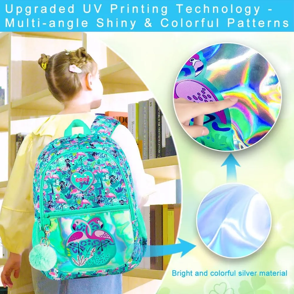 16.5" Flamingo Backpack, 3Pcs Girls Backpacks Set for Elementary Preschool Kindergarten, Kids School Bookbag with Lunch Box(Green)