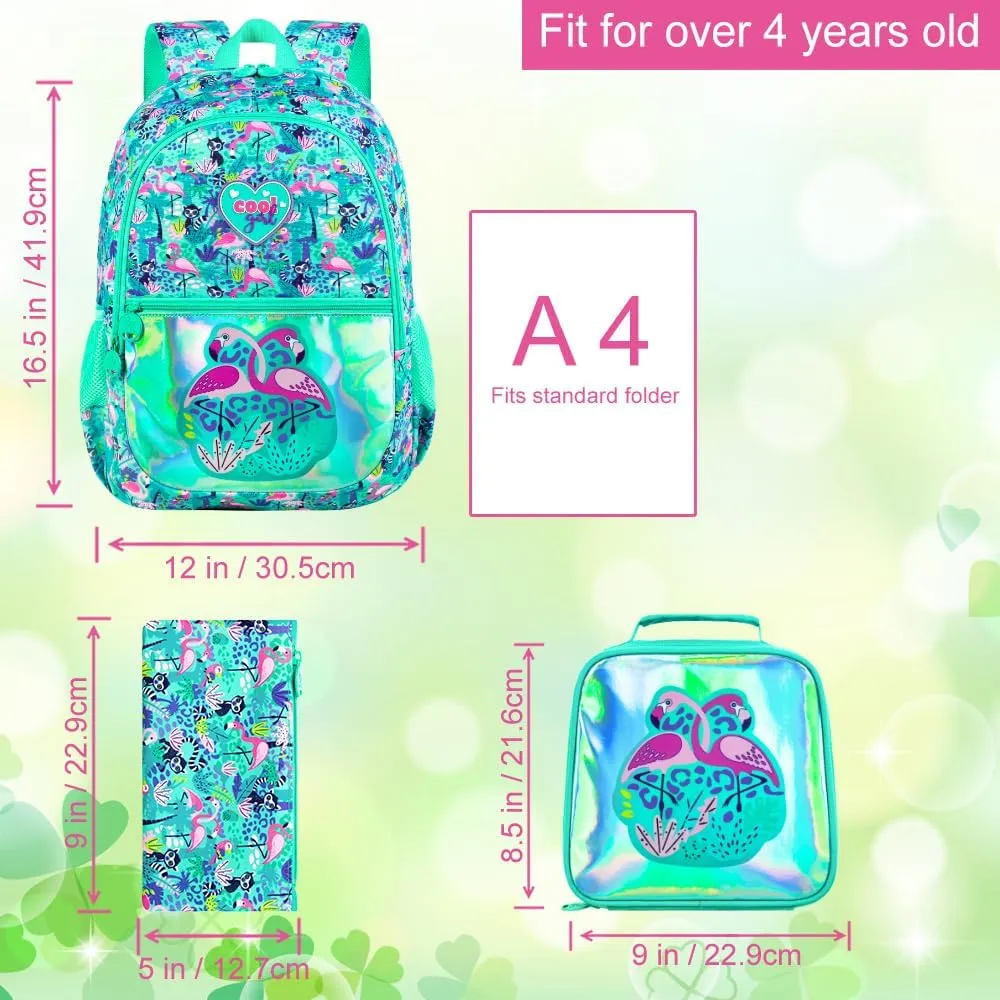 16.5" Flamingo Backpack, 3Pcs Girls Backpacks Set for Elementary Preschool Kindergarten, Kids School Bookbag with Lunch Box(Green)