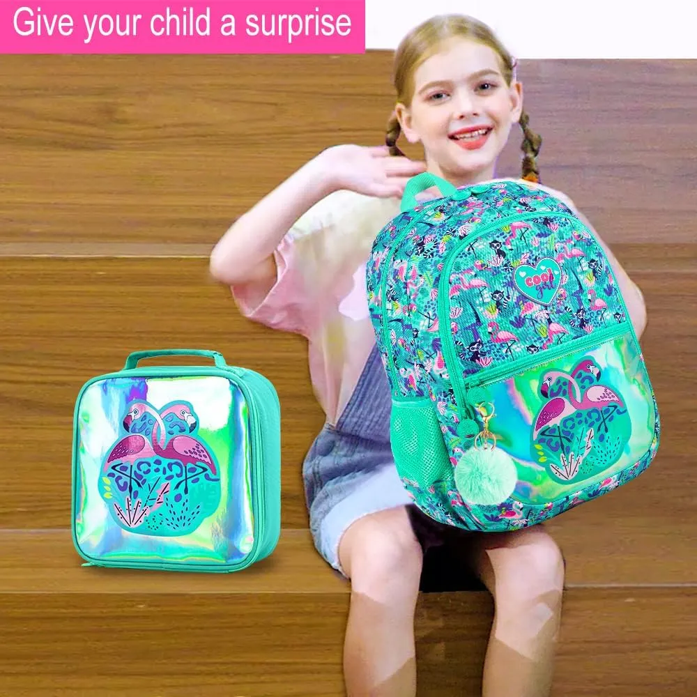 16.5" Flamingo Backpack, 3Pcs Girls Backpacks Set for Elementary Preschool Kindergarten, Kids School Bookbag with Lunch Box(Green)
