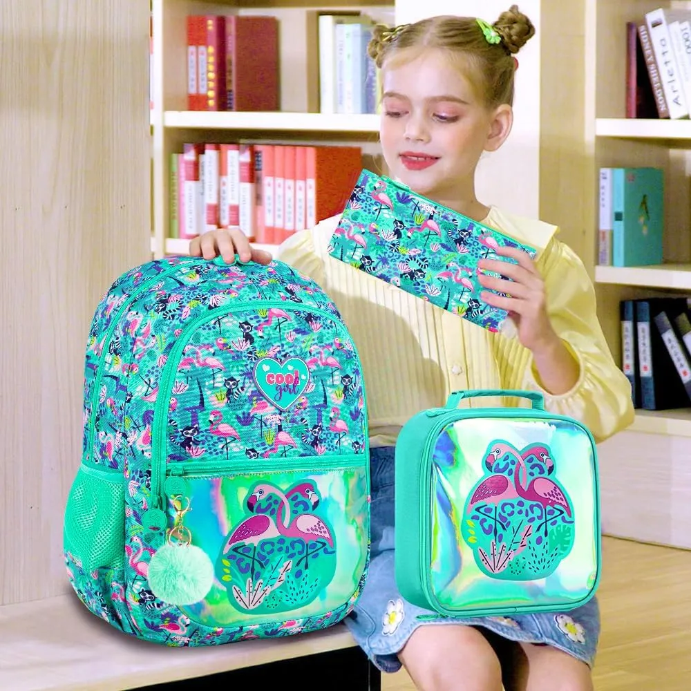 16.5" Flamingo Backpack, 3Pcs Girls Backpacks Set for Elementary Preschool Kindergarten, Kids School Bookbag with Lunch Box(Green)