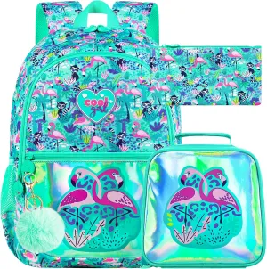 16.5" Flamingo Backpack, 3Pcs Girls Backpacks Set for Elementary Preschool Kindergarten, Kids School Bookbag with Lunch Box(Green)