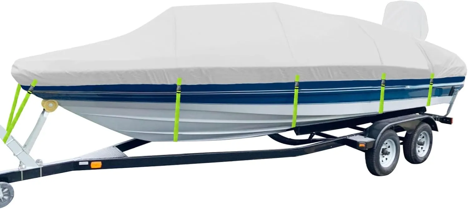 17-19ft Boat Cover, 1200D Heavy Duty Polyester with PU Coating, Trailerable Waterproof Boat Cover & UV Resistant, for Bass, V-Hull, Tri-Hull, Fish & Ski, Runabout Bowrider Boats [Motor Cover Included]