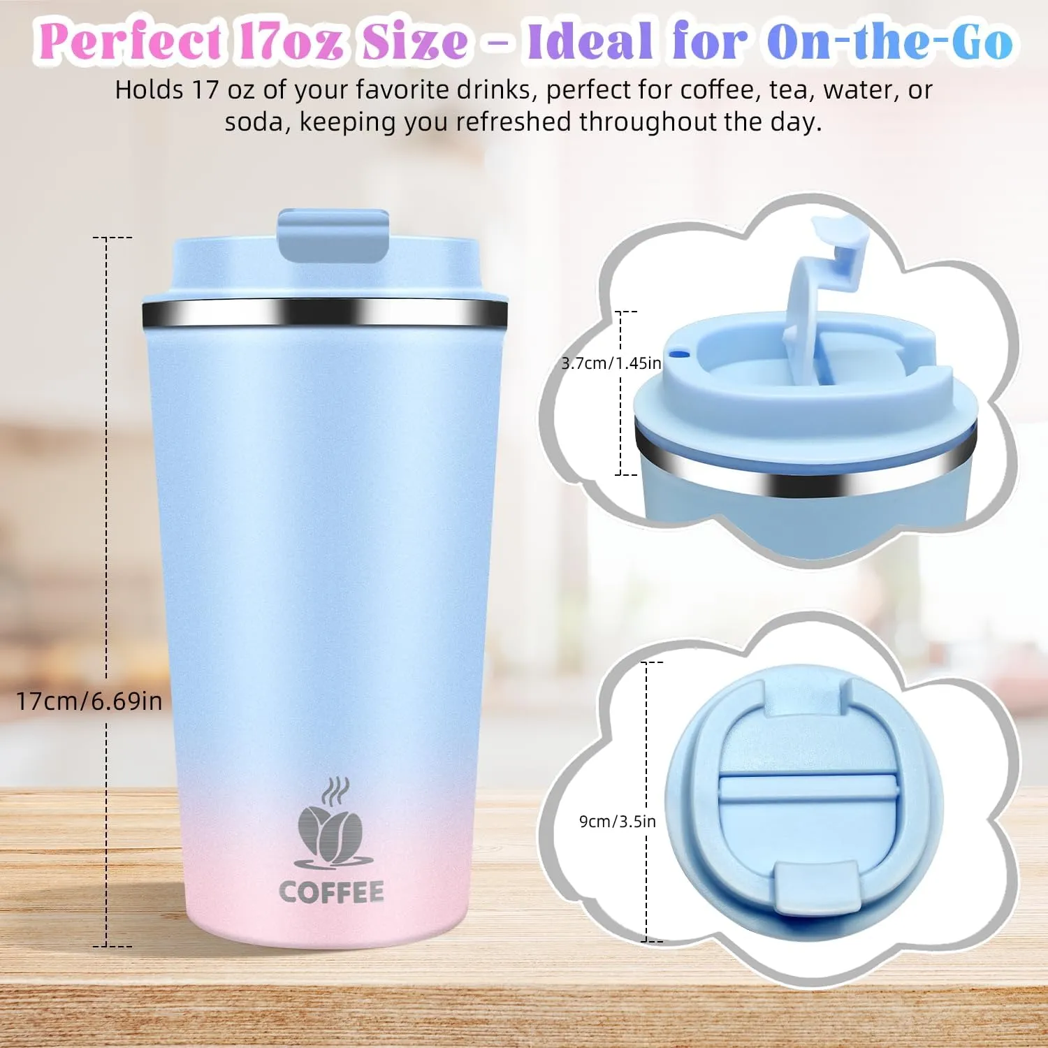 17oz Insulated Travel Coffee Mug with Flip Lid – Leakproof Stainless Steel Insulated Coffee Tumblers, Portable Thermos Cup for Hot & Cold Drinks, Perfect for Camping & On-the-Go