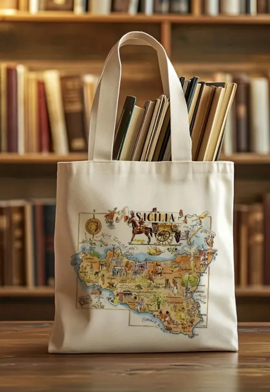 1pc Sicily Italy Map Canvas Tote Bag – Foldable, Machine Washable, (13.7x15.7in)