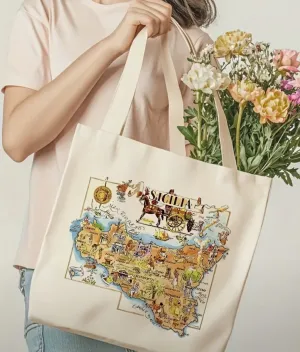 1pc Sicily Italy Map Canvas Tote Bag – Foldable, Machine Washable, (13.7x15.7in)