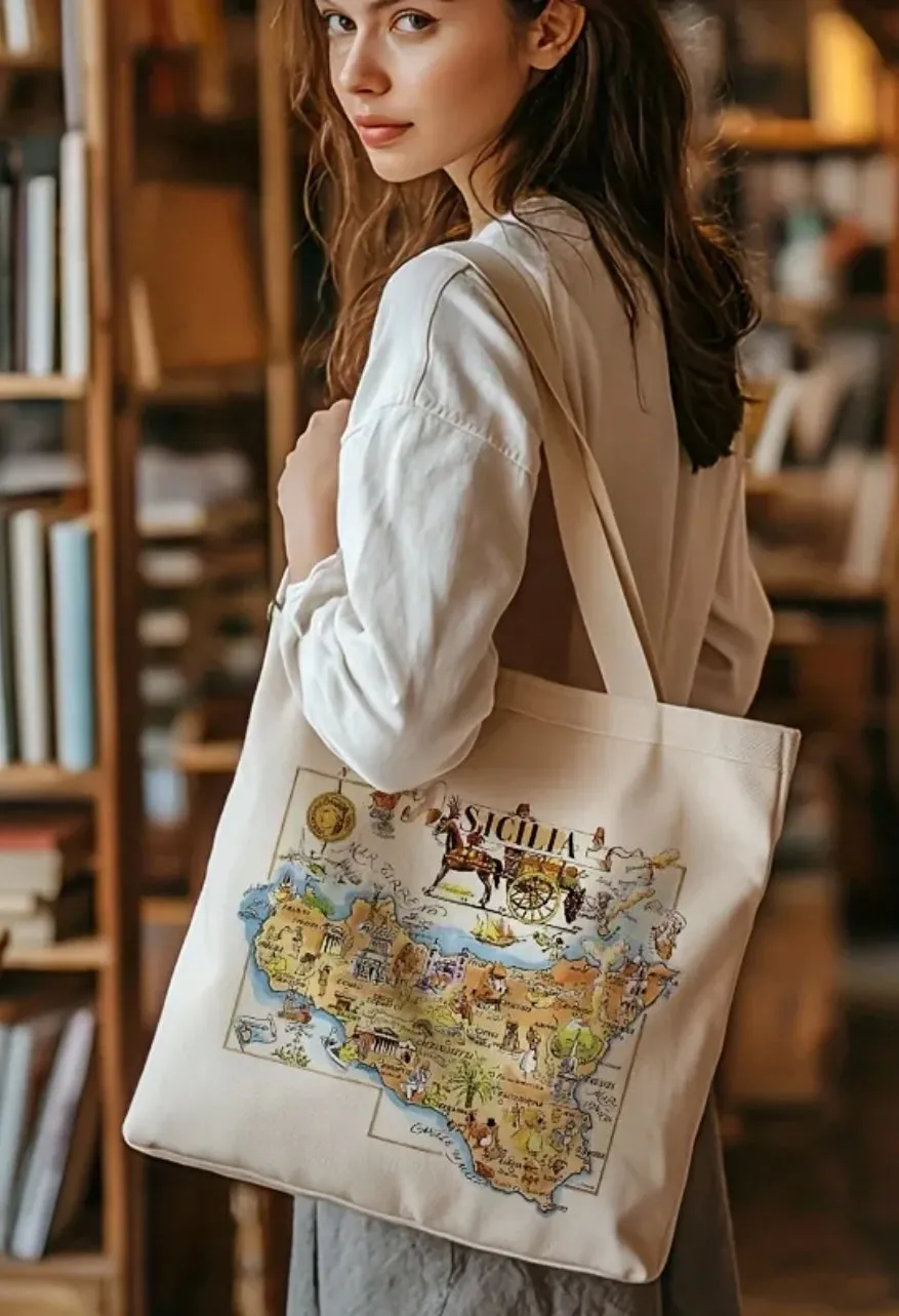 1pc Sicily Italy Map Canvas Tote Bag – Foldable, Machine Washable, (13.7x15.7in)