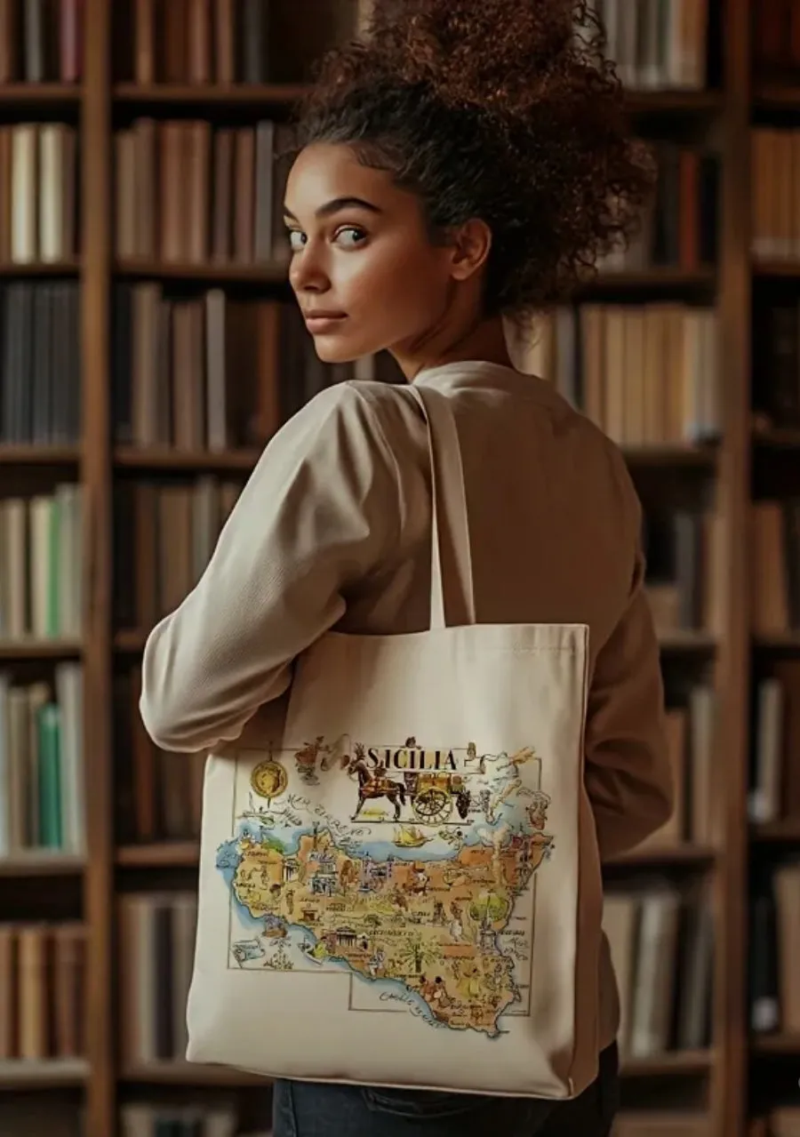 1pc Sicily Italy Map Canvas Tote Bag – Foldable, Machine Washable, (13.7x15.7in)