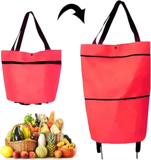 2 in 1 Foldable Shopping Cart, Collapsible Two-Stage Zipper Grocery Cart with Wheels, Multifunction Telescopic Storage Bag for Traveling, Red