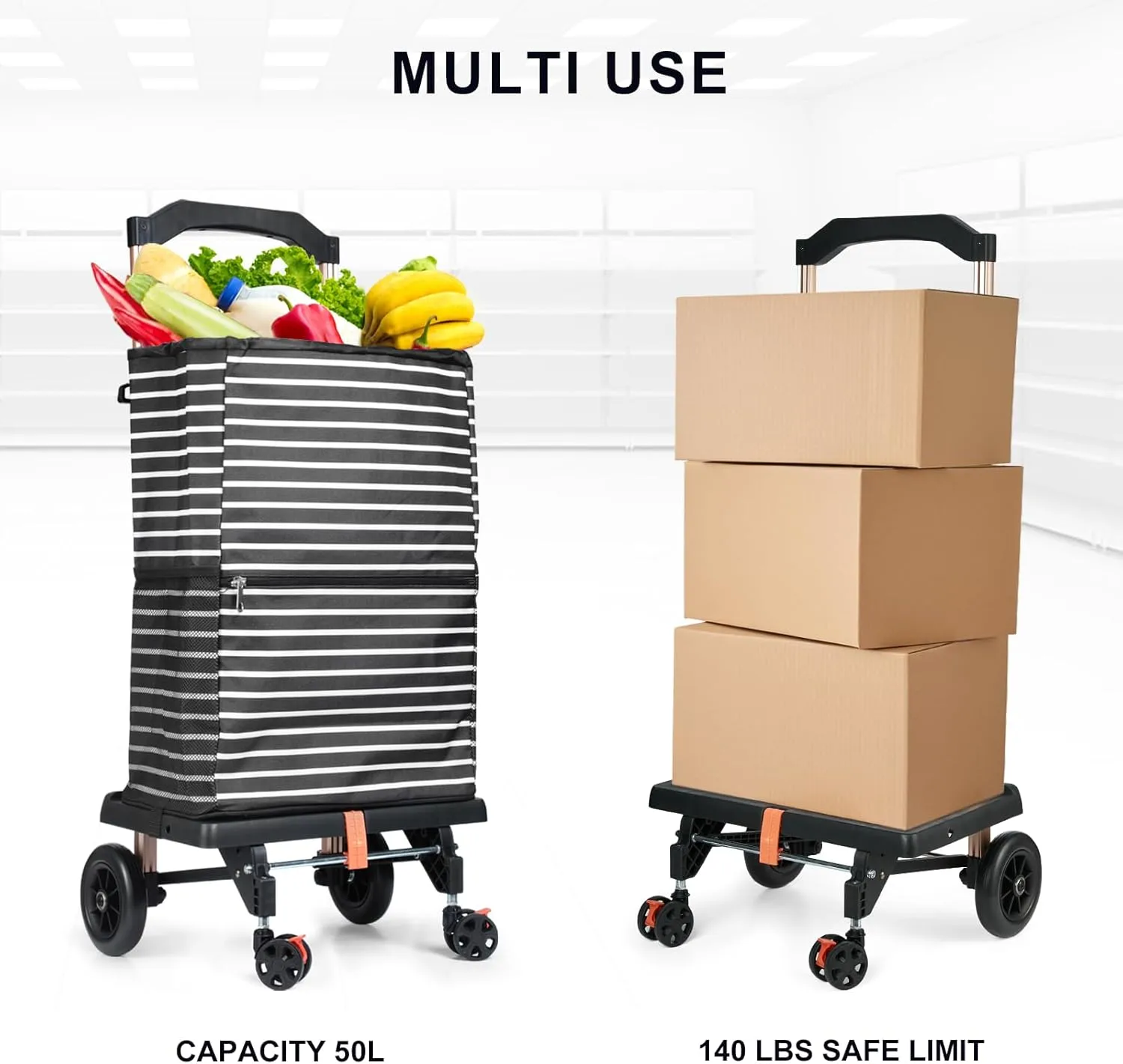 2-in-1 Shopping Cart for Groceries, Lightweight Aluminum Grocery Cart on Wheels and 50L Removable Waterproof Shopping Bag for Moving, Camping (Black)