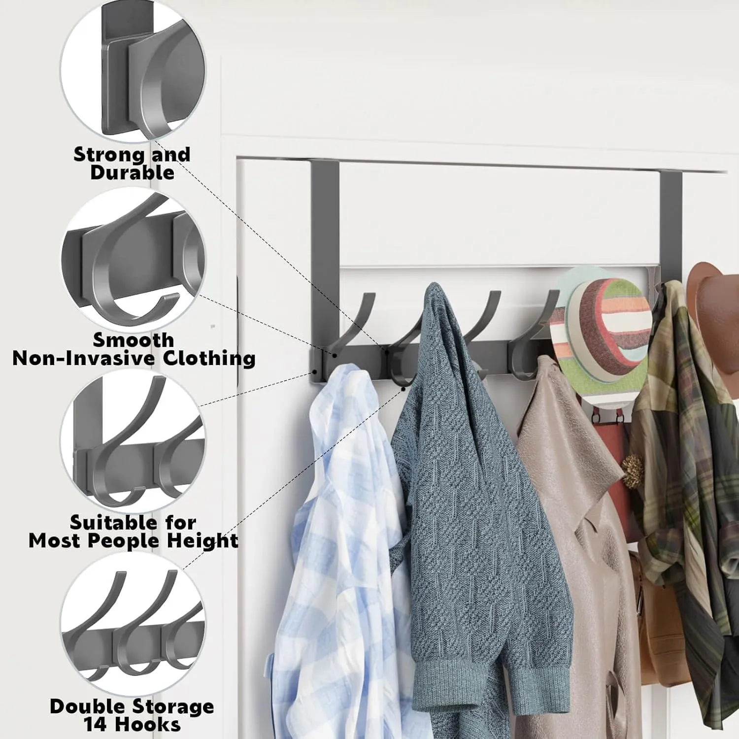 2 Pack Over The Door Hooks, Sturdy Door Hanger, Large Over The Door Towel Rack with 12 Hooks, Heavy Duty Easy to Install, for Bathroom, Bedroom，Kitchen，Hanging Towels, Coats (Grey)