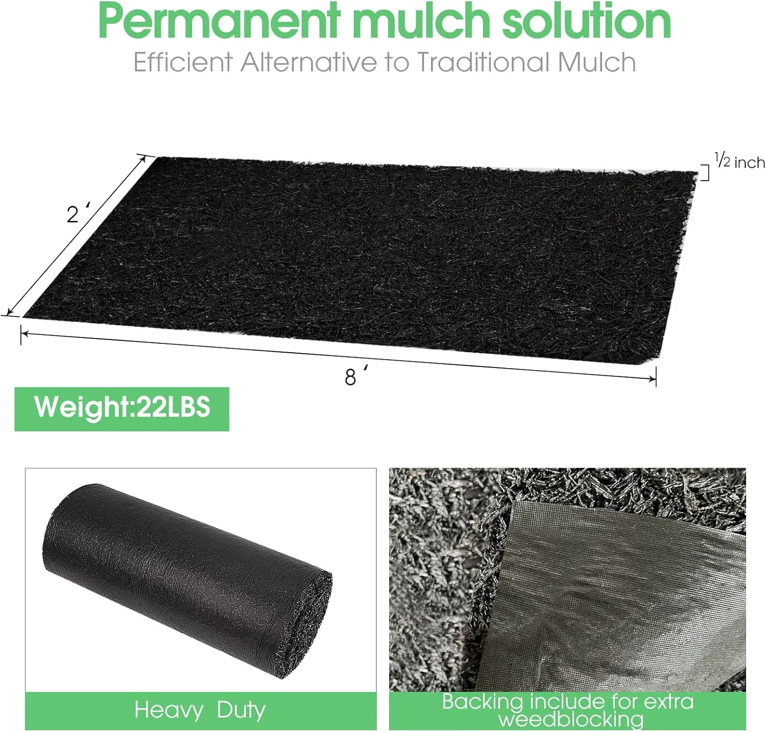 2 Pack Recycled Rubber Mulch Mat Roll Black Permanent Mulch Walkway Pathway for Landscaping Outdoor 8' x 2'