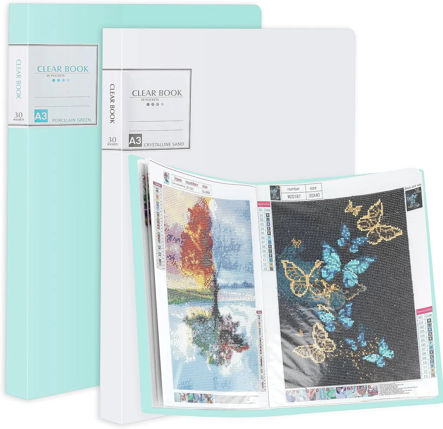 2 Packs A3 Diamond Painting Storage Book, Large 30x40 Diamond Art Storage Presentation Book with 60 Pags, Diamond Painting Art Portfolio Folder, Clear Pockets Artwork Storage Photo Album Refill Pag