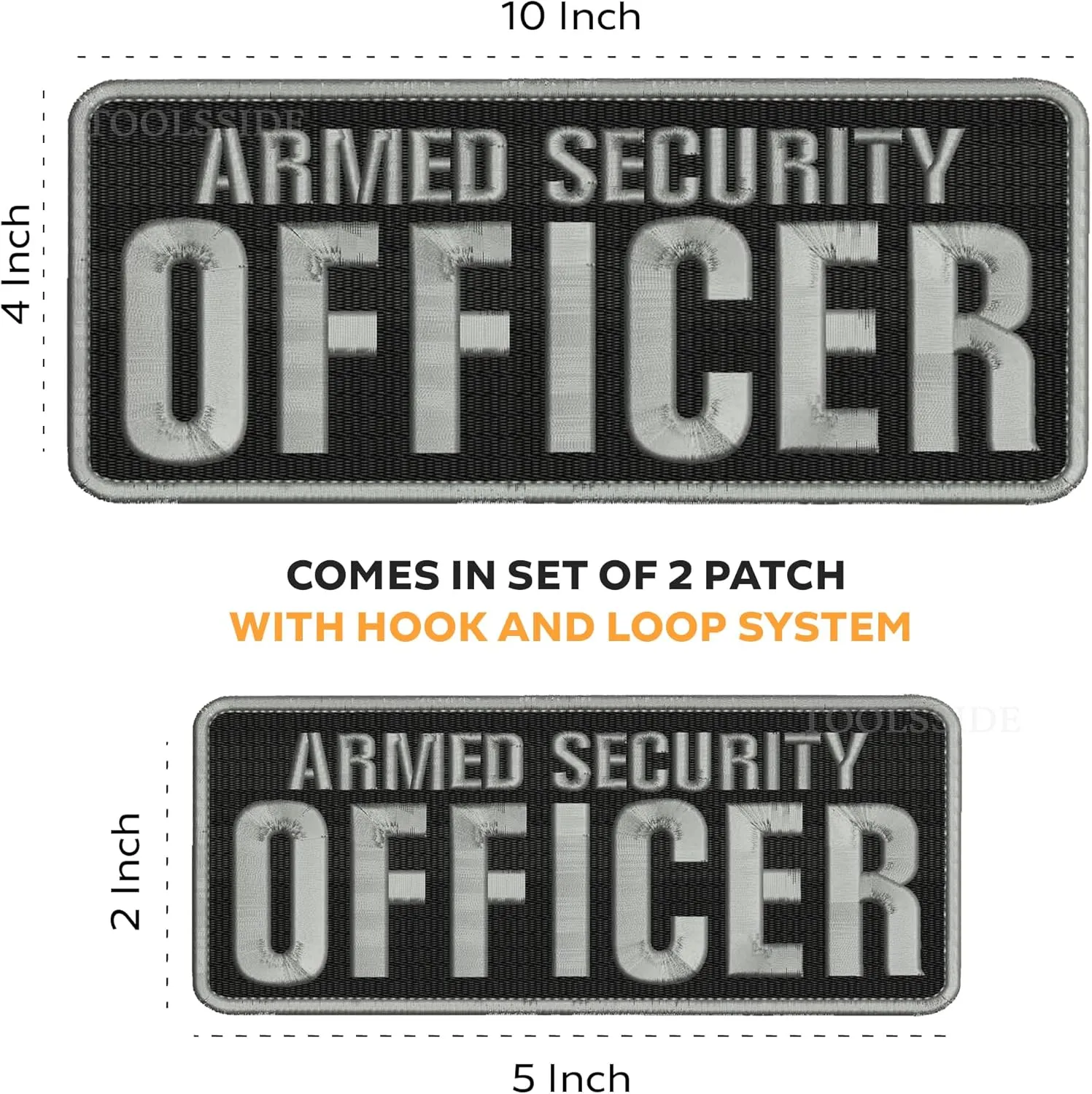 2 PCS Armed Security Officer Patches 4x10 & 2x5 Hook and Loop System - Security Patches for Uniforms with Embroidered Letters - Quality Grey Embroidery Patch - Armed Security Officer