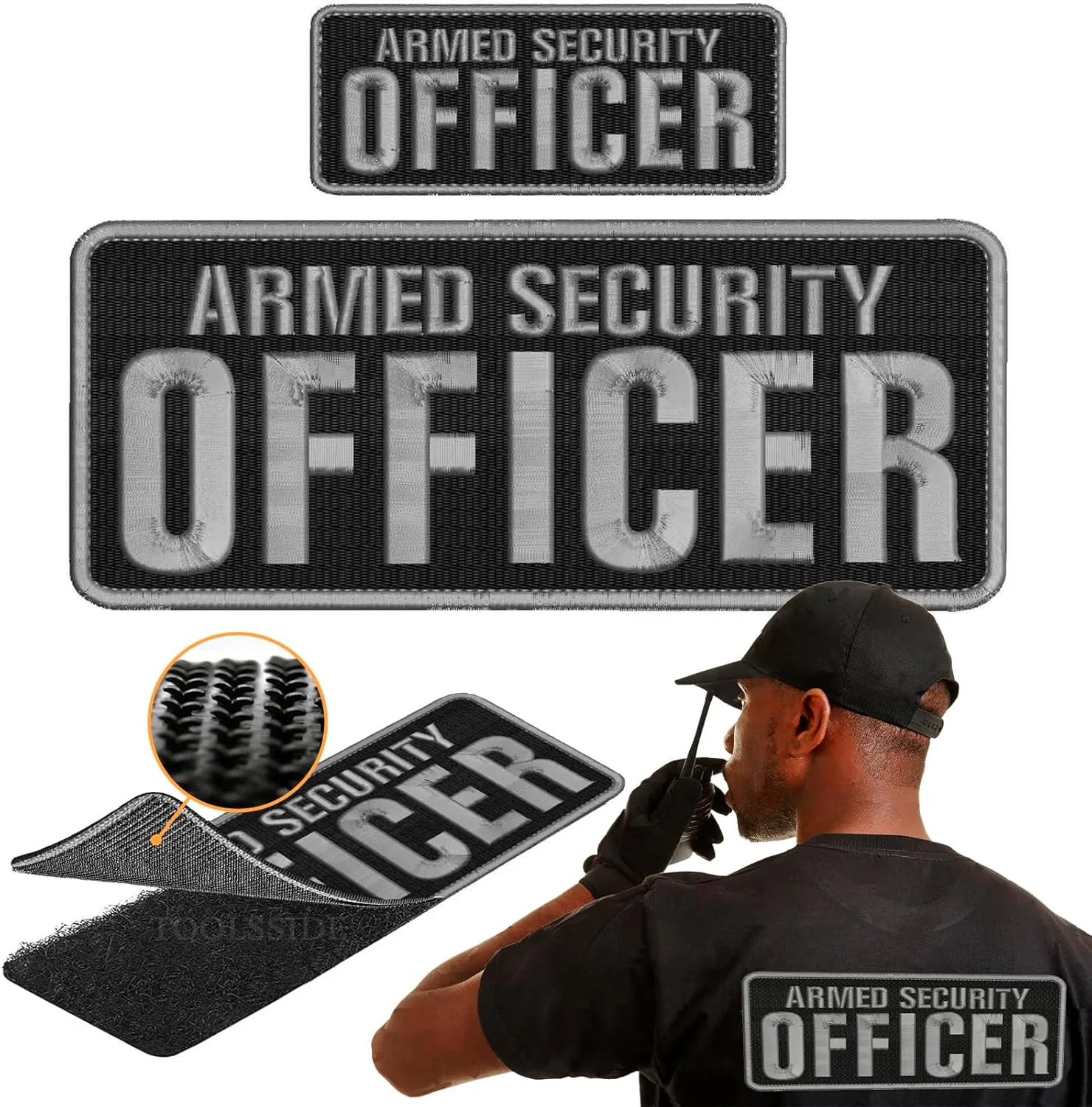 2 PCS Armed Security Officer Patches 4x10 & 2x5 Hook and Loop System - Security Patches for Uniforms with Embroidered Letters - Quality Grey Embroidery Patch - Armed Security Officer