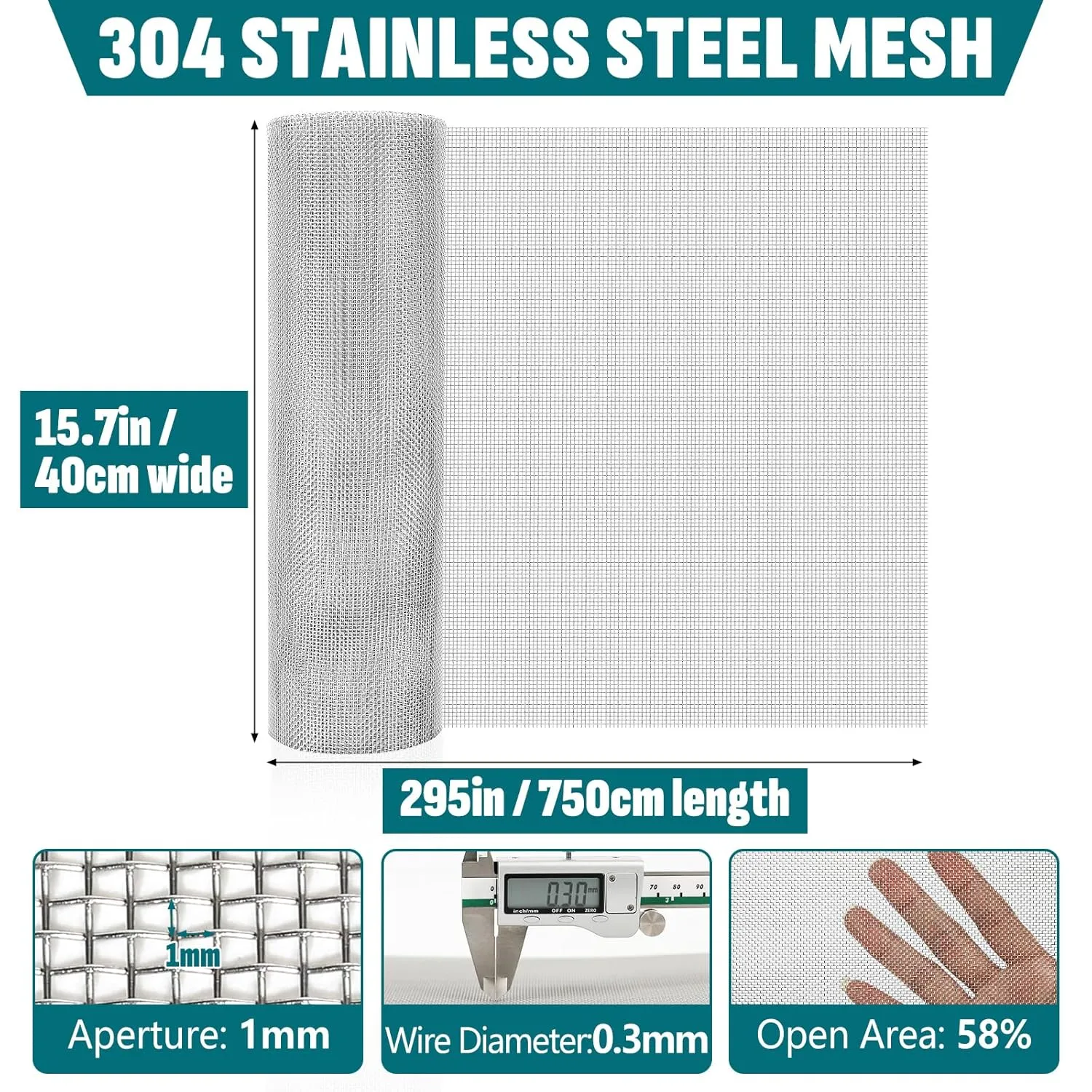 20 Mesh 304 Stainless Steel Mesh Screen, 15.7'' x 295''(40cm x 750cm) Wire Screen Mesh, Rust Free Woven Wire Mesh, Metal Mesh Screen for Air Vents, Window Screen, Filters, Garden Covers