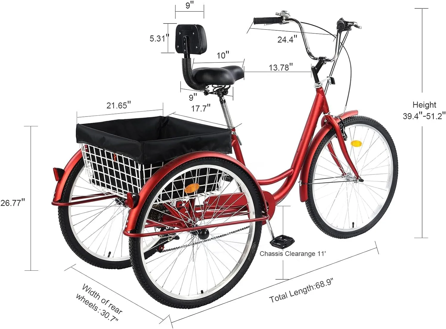 24/26" Adult Tricycle 7 Speed, 3 Wheel Mountain Trikes, Three Wheeled Bikes with Basket & Backrest Seat for Seniors, Women, Men, Multiple Colors