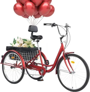 24/26" Adult Tricycle 7 Speed, 3 Wheel Mountain Trikes, Three Wheeled Bikes with Basket & Backrest Seat for Seniors, Women, Men, Multiple Colors