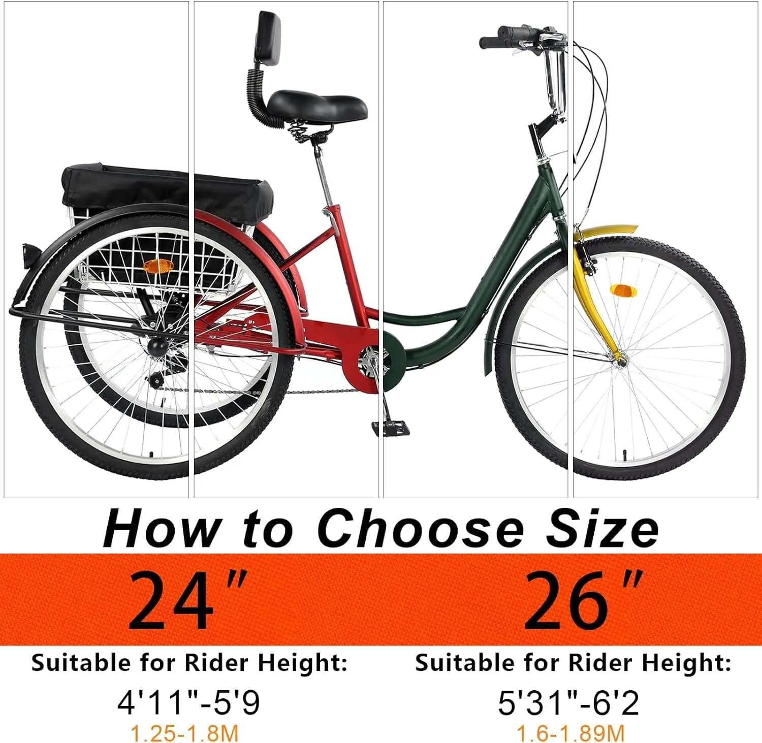 24/26" Adult Tricycle 7 Speed, 3 Wheel Mountain Trikes, Three Wheeled Bikes with Basket & Backrest Seat for Seniors, Women, Men, Multiple Colors