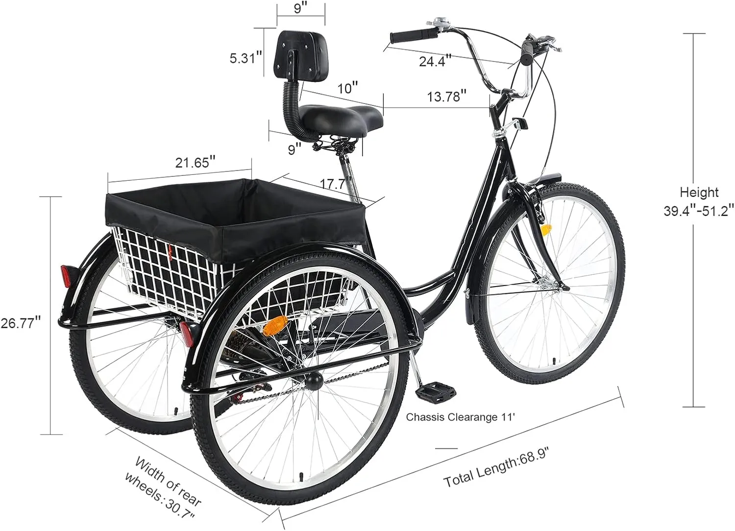 24/26" Adult Tricycle 7 Speed, 3 Wheel Mountain Trikes, Three Wheeled Bikes with Basket & Backrest Seat for Seniors, Women, Men, Multiple Colors