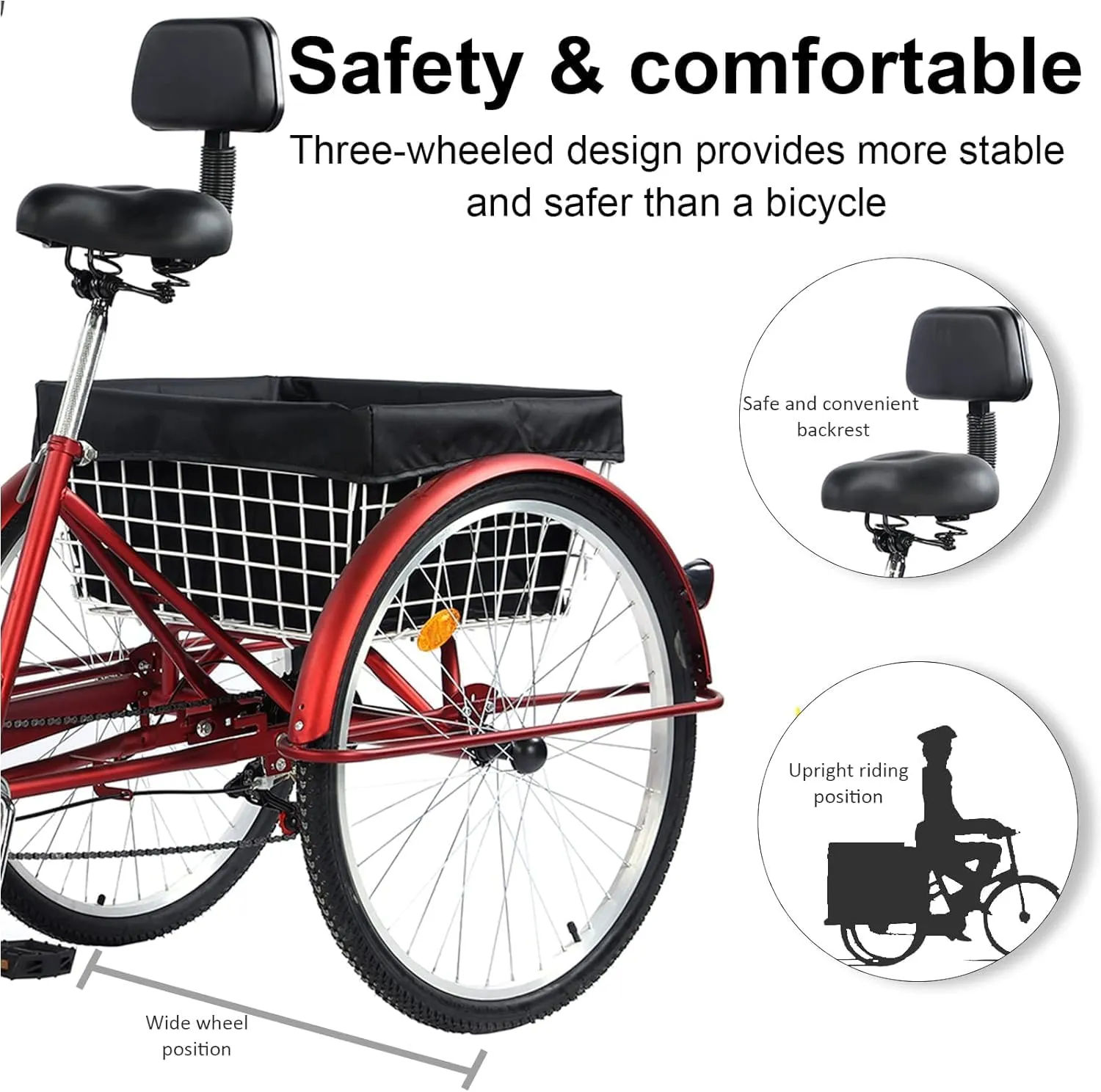 24/26" Adult Tricycle 7 Speed, 3 Wheel Mountain Trikes, Three Wheeled Bikes with Basket & Backrest Seat for Seniors, Women, Men, Multiple Colors