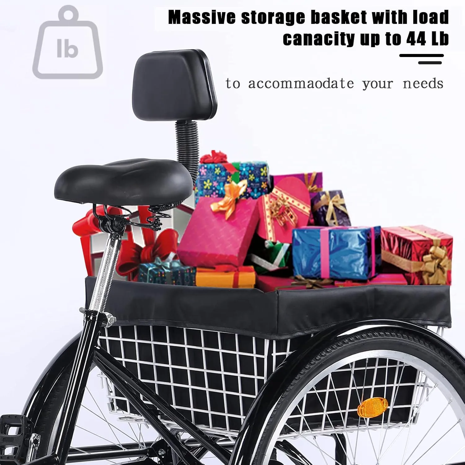 24/26" Adult Tricycle 7 Speed, 3 Wheel Mountain Trikes, Three Wheeled Bikes with Basket & Backrest Seat for Seniors, Women, Men, Multiple Colors