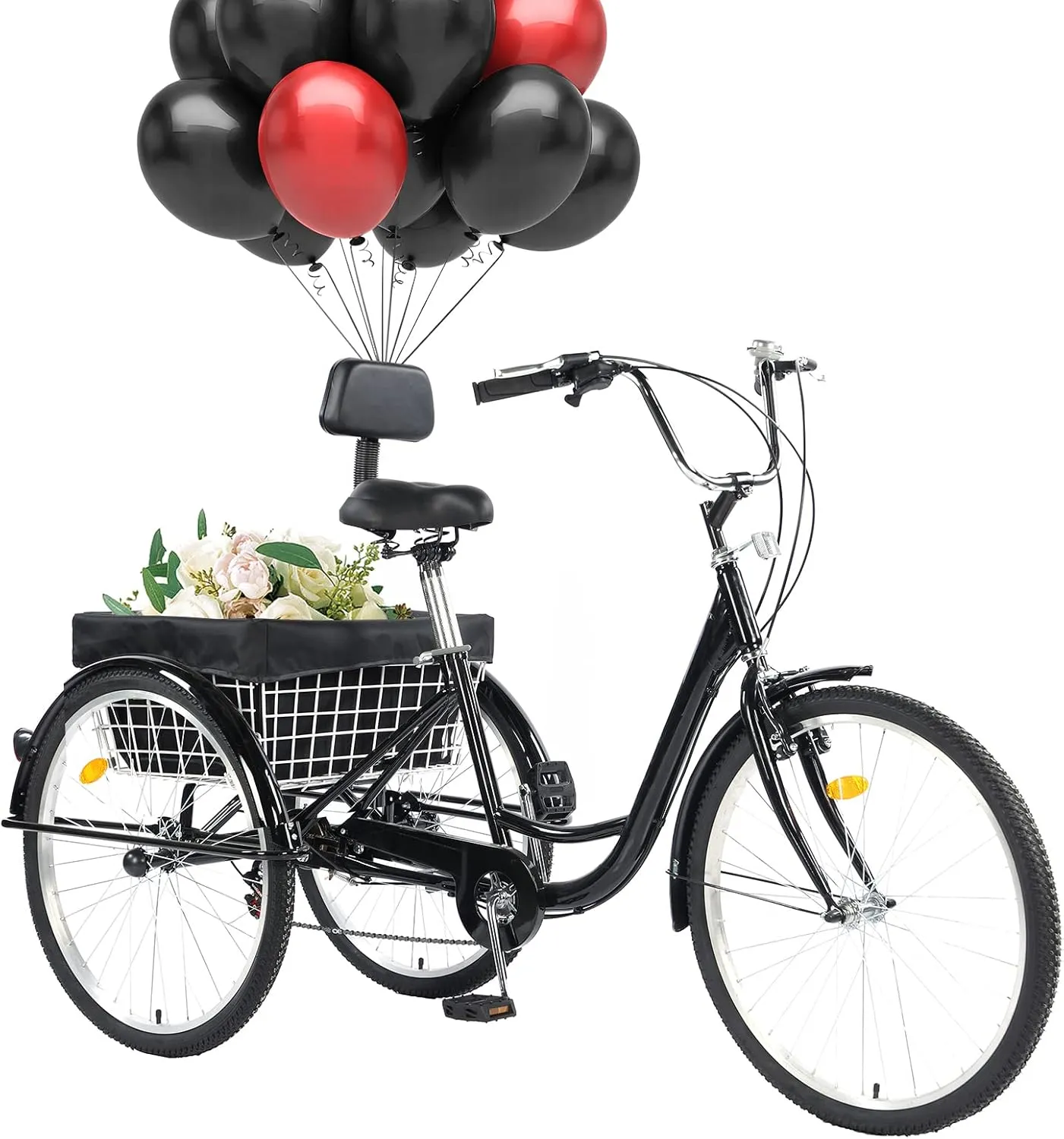 24/26" Adult Tricycle 7 Speed, 3 Wheel Mountain Trikes, Three Wheeled Bikes with Basket & Backrest Seat for Seniors, Women, Men, Multiple Colors